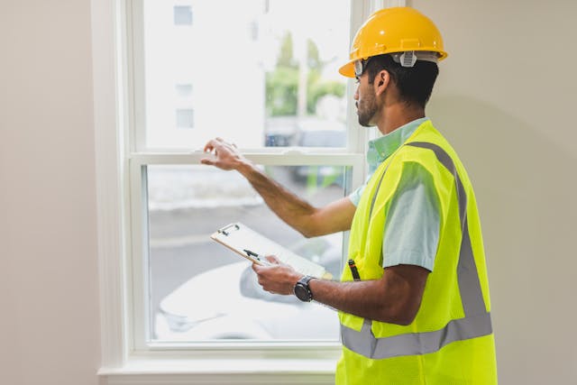 a home inspector ina yellow hardhat looking at a window’s lock